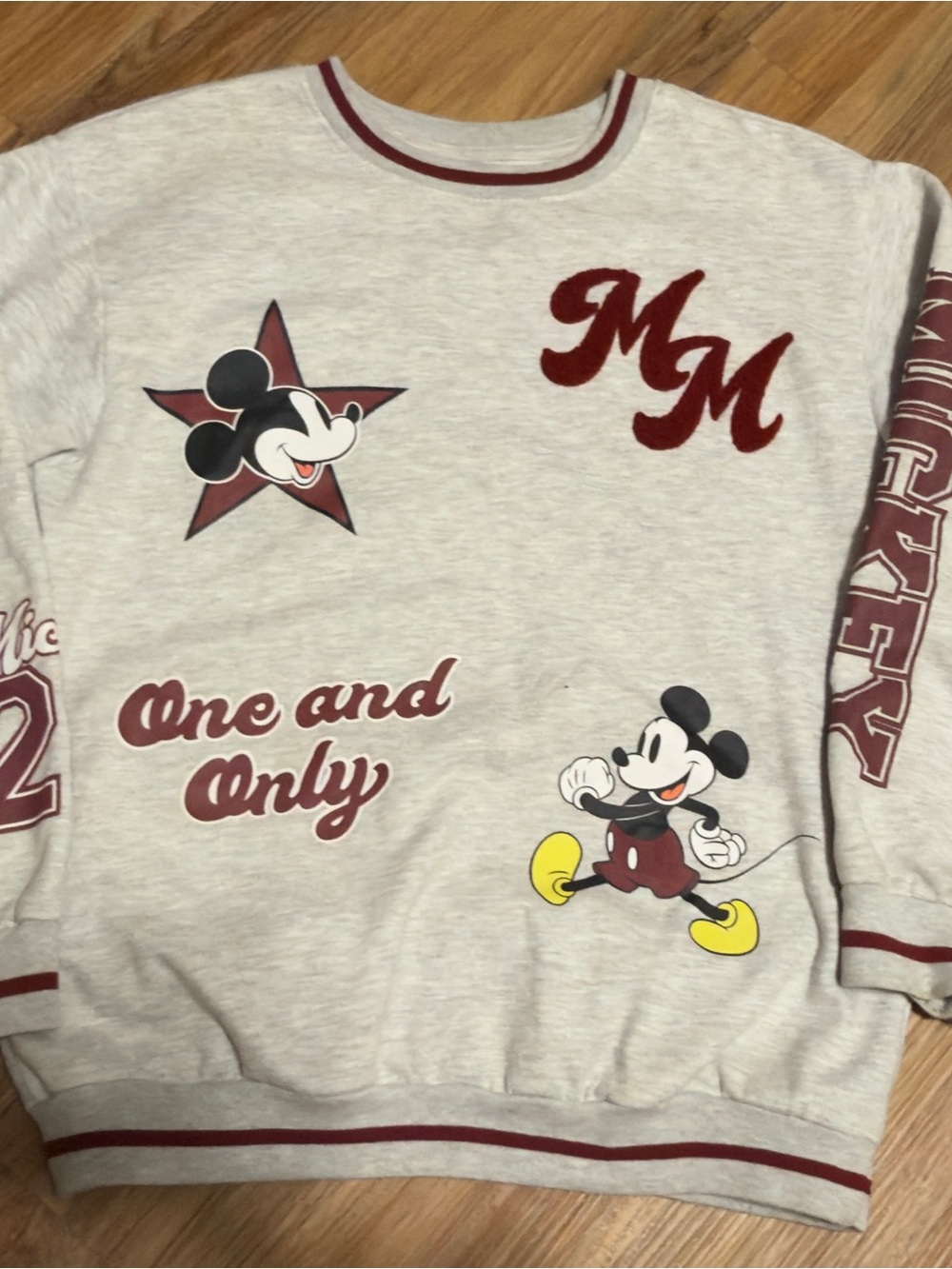 Disney Cream Sweatshirt with Maroon Trim & Mickey Graphics